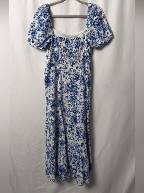 Blue White Floral Midi Dress Puff Sleeve US 10